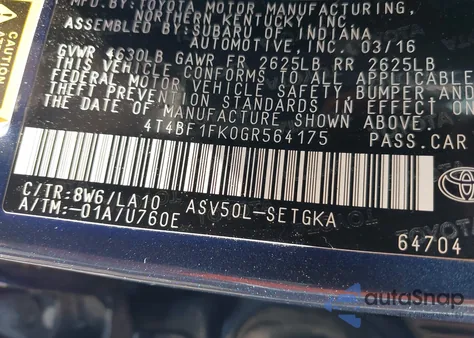 2016 Toyota Camry Xle from USA, damaged, VIN 4T4BF1FK0GR564175